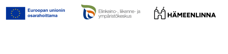 Kolme logoa vierekkäin (Euroopan unionin sosiaalirahasto, Elinkeino-, liikenne- ja ympäristökeskus ja Hämeenlinna)