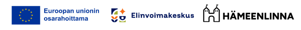 Kolme logoa vierekkäin: Euroopan unionin osarahoittama, Elinvoimakeskus ja Hämeenlinna